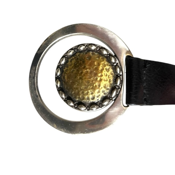 Chico’s Gold Silver Medallion Black Leather Adjustable Belt Sz M/L - Picture 2 of 6